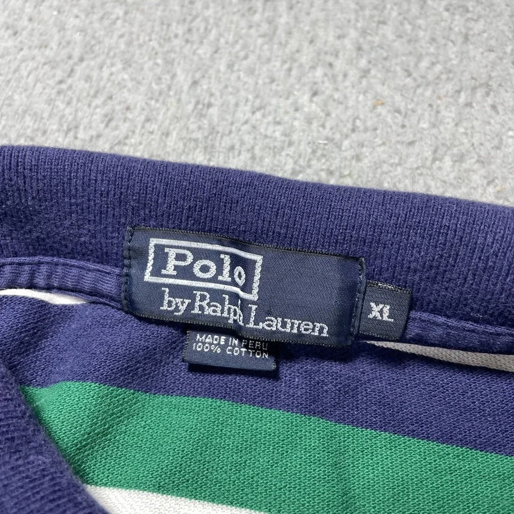 Polo By Ralph Lauren Polo Shirt Mens XL Green Navy Stripe Short Sleeve Cotton